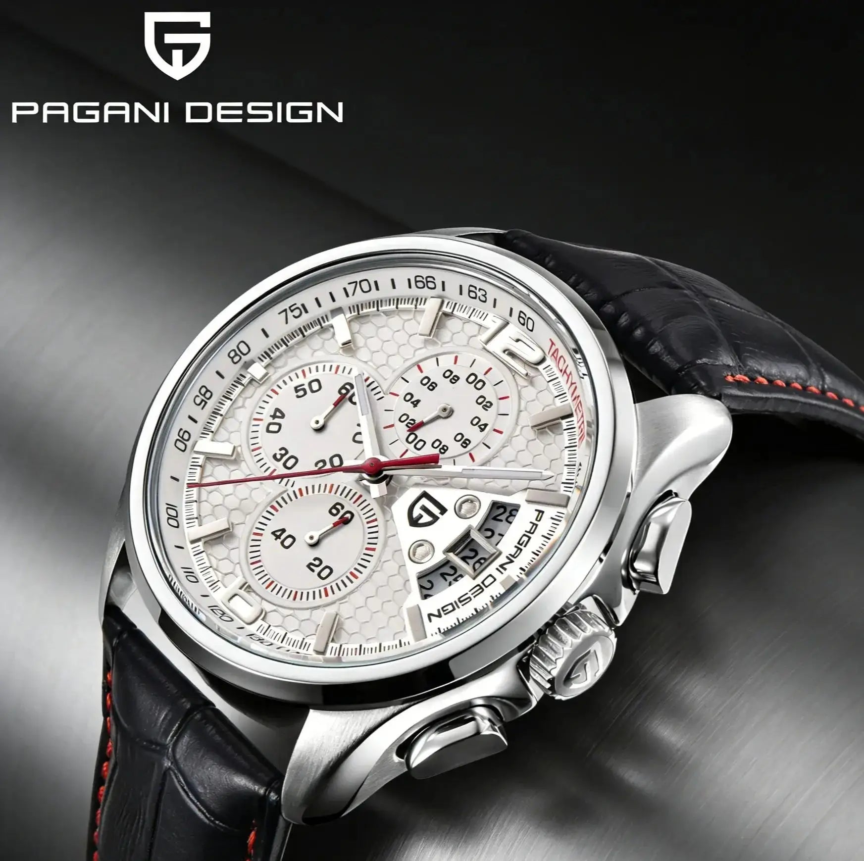 Leather Chronograph Honeycomb Dial Watch — White | KIMLUD