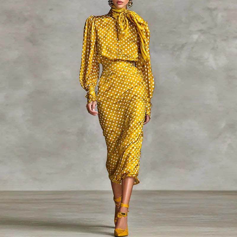 Sexy Bowknot Scarf Polka Dot Print Outfits Woman O Neck Button Blouse Shirt+Pleated Skirt Set Fall Long Sleeve Slim Bodycon Suit