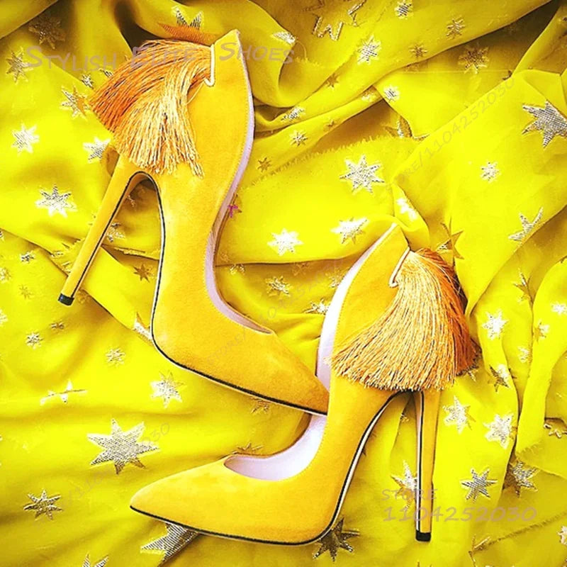 Purple Heel Tassel Suede Stiletto Feather Sandals Pointed Heels Women Hollow Pump Red Light Yellow Dance Fuchsia Cute Party Shoe