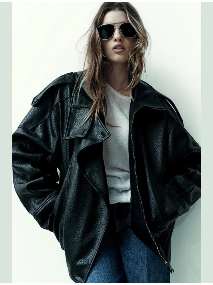 Stylish Pu Leather Jacket Stand-collar Loose Long Sleeved Coat Cool Casual Chic Versatile Outerwear New Autumn Women Streetwear