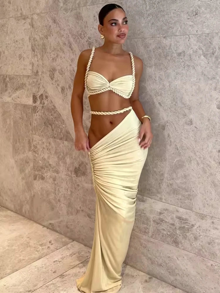 Two Piece Set – Crop Top And Ruched Bodycon Skirt – Polyester | KIMLUD