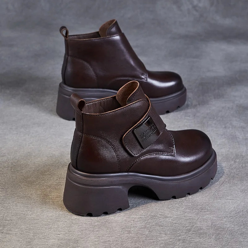 DRKANOL Wide Head Design Women Platform Boots Autumn Winter Warm Thick High Heel Hool And Loop Metal Genuine Leather Ankle Boots