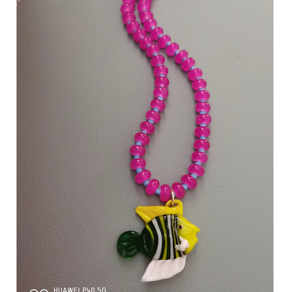 KIMLUD, Bohemian Colorful Glaze Fish Pendant for Women Striped Beaded Necklace Seaside Vacation Party Accessories, necklace 29, KIMLUD APPAREL - Womens Clothes