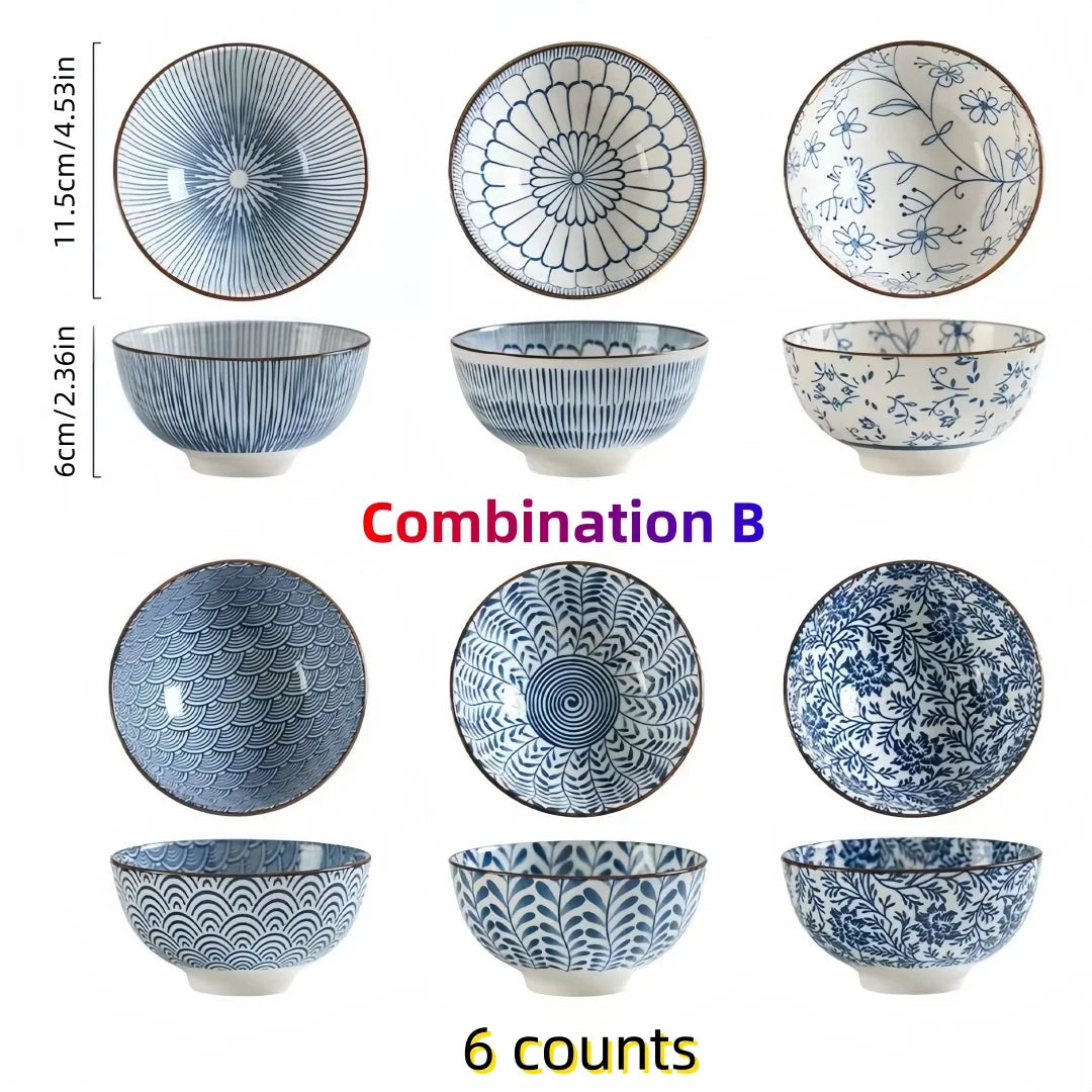 Hand Painted Ceramic Rice Bowl 4.5 Inch With Retro Rim And Japanese Motif — Blue And White | KIMLUD