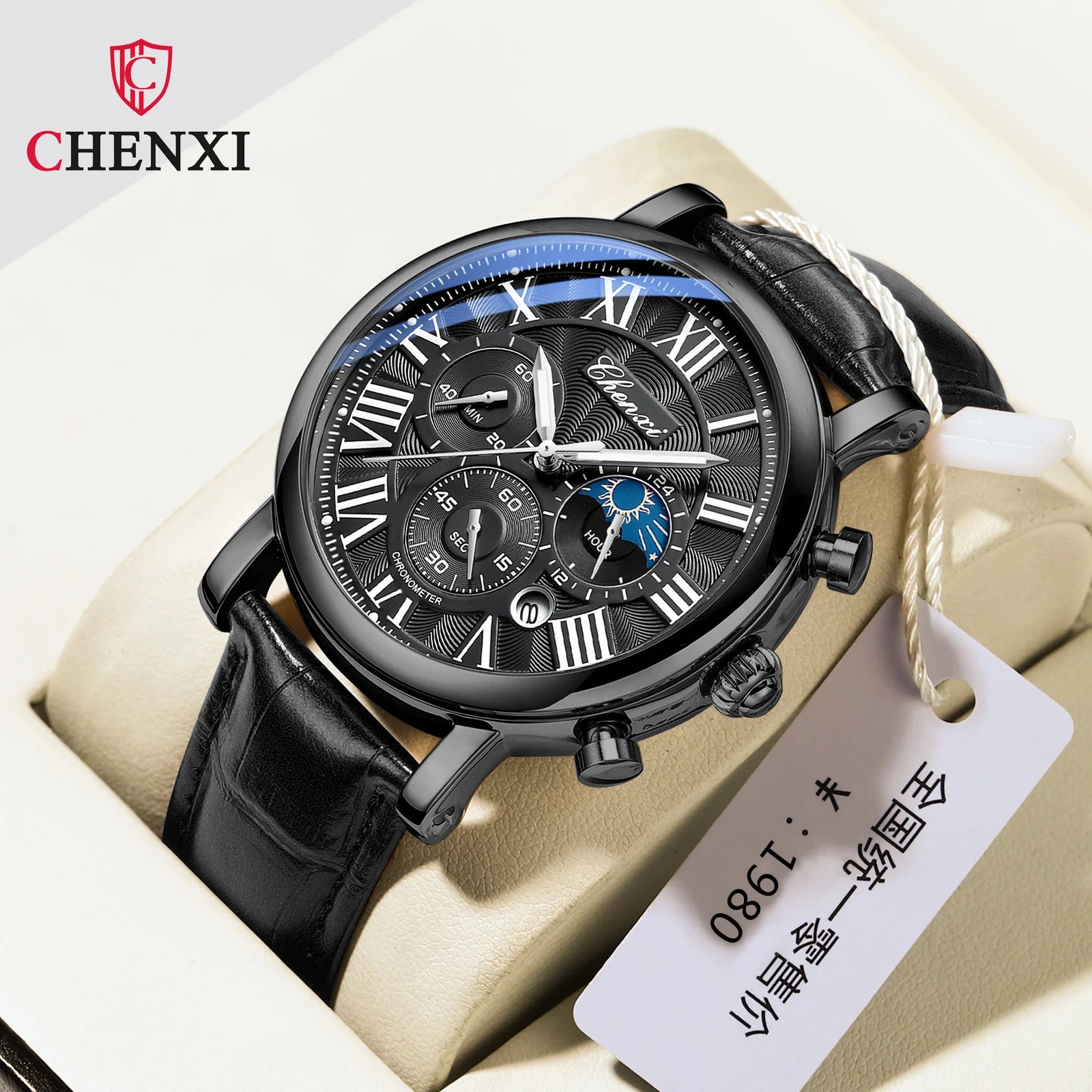 Leather Multi-Function MoonPhase Wristwatch — Black | KIMLUD