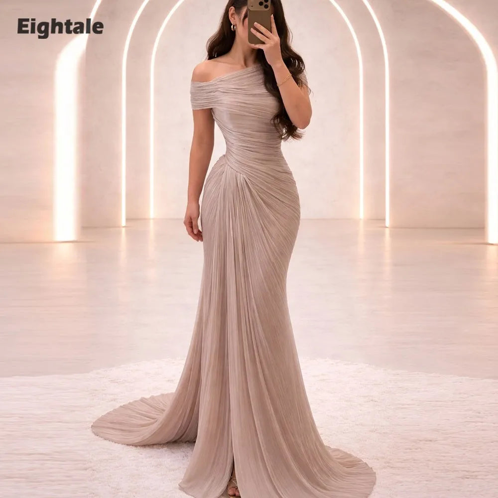 Mermaid Evening Dress – One Shoulder Pleats – Satin – Champagne | KIMLUD
