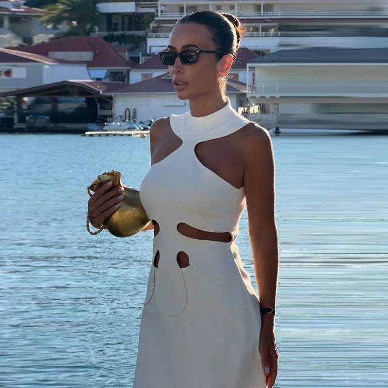 Elegant Halter Women's Dress Sleeveless Hollow Out Hip Package Lady Mini Dresses 2026 Spring Summer Chic Female Robe Holiday