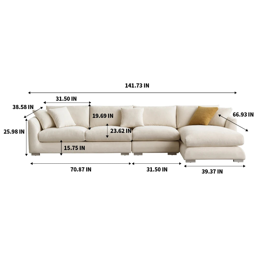 L-Shaped Cloud Down Chaise Sofa With Linen Upholstery And Removable Washable Covers — Ivory | KIMLUD