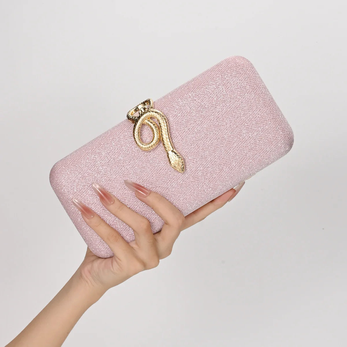 Snake Buckle Satin Evening Purse Sparkling Crystal Embellished — Champagne Pink | KIMLUD