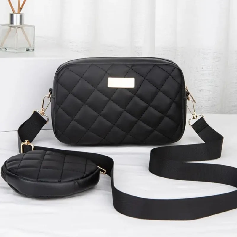 Quilted Two-Piece Crossbody Bag Set With Detachable Mini Purse — Black | KIMLUD