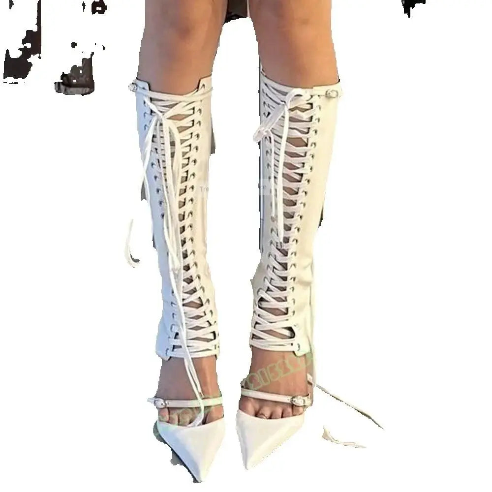 Cross Tied Sandals Boots Pointy Toe Hollow Buckles Straps Knee High Boots Summer Women Sexy Shoes Lace Up Stiletto Heels Design