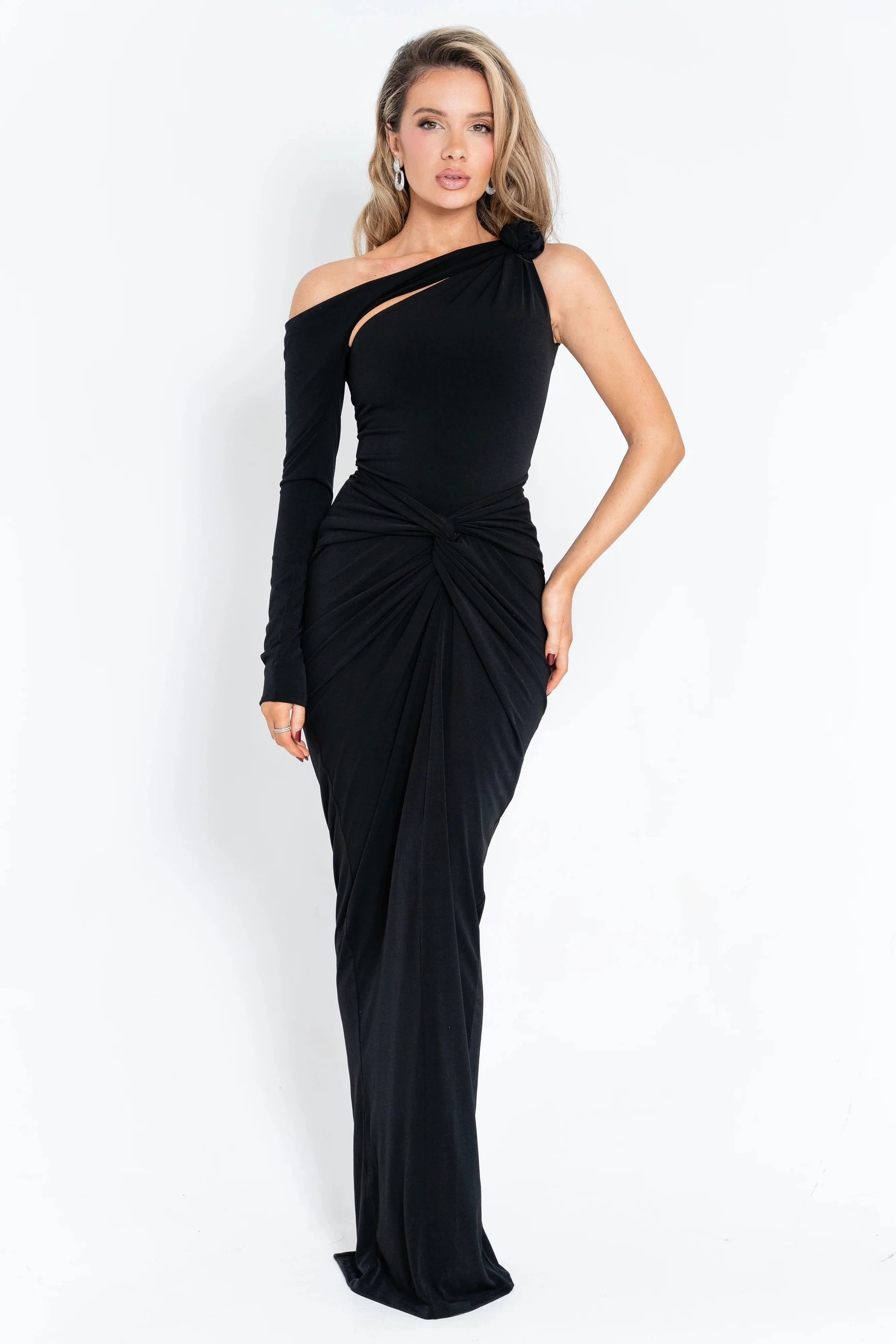 Bodycon Hollow-Out Dress Single-Sleeve — Red | KIMLUD