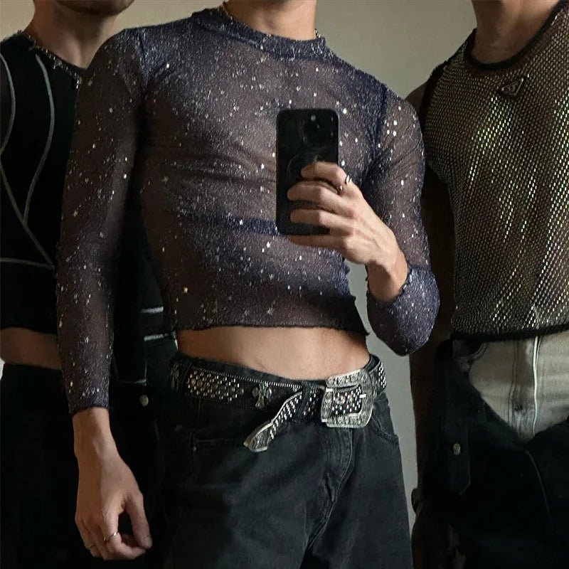 Mesh Crop Top Slim Stretch See-Through O-Neck — Purple | KIMLUD