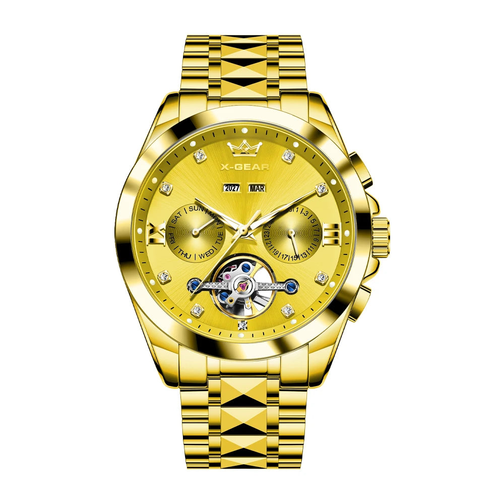 Men's Automatic Mechanical Watch with Tourbillon Waterproof Luminous Stainless Steel Strap Luxury Multi-Functional Timepiece
