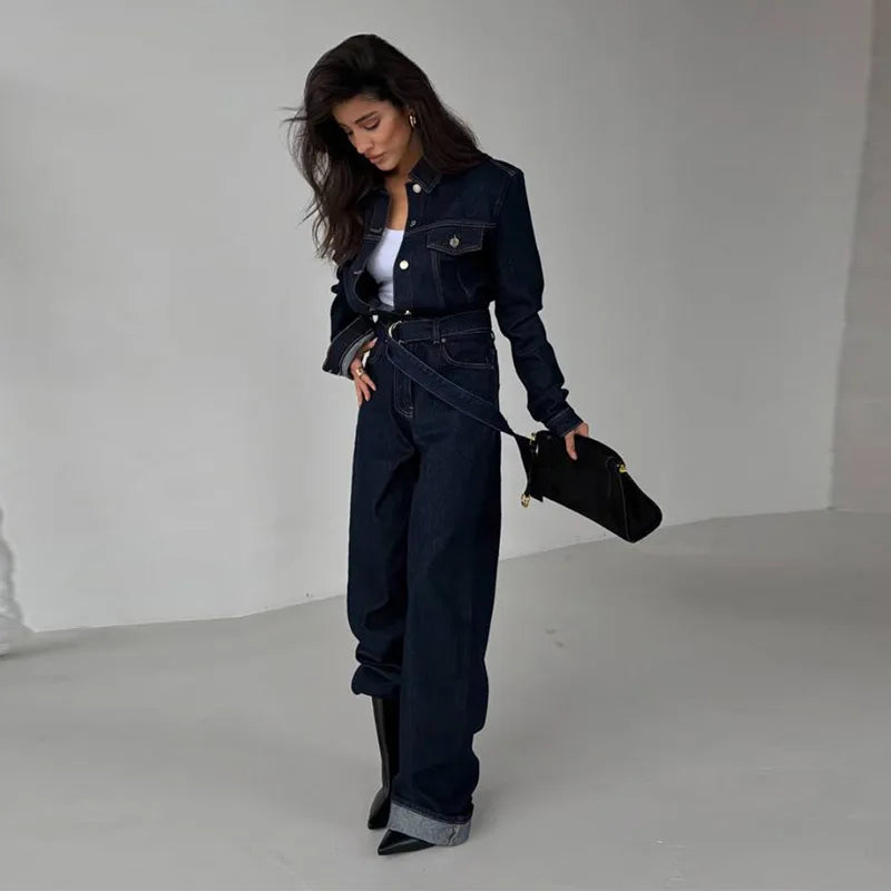 Denim-Inspired Jumpsuit Turn-Down Collar Lace-Up Full Sleeve Wide-Leg — Brown | KIMLUD