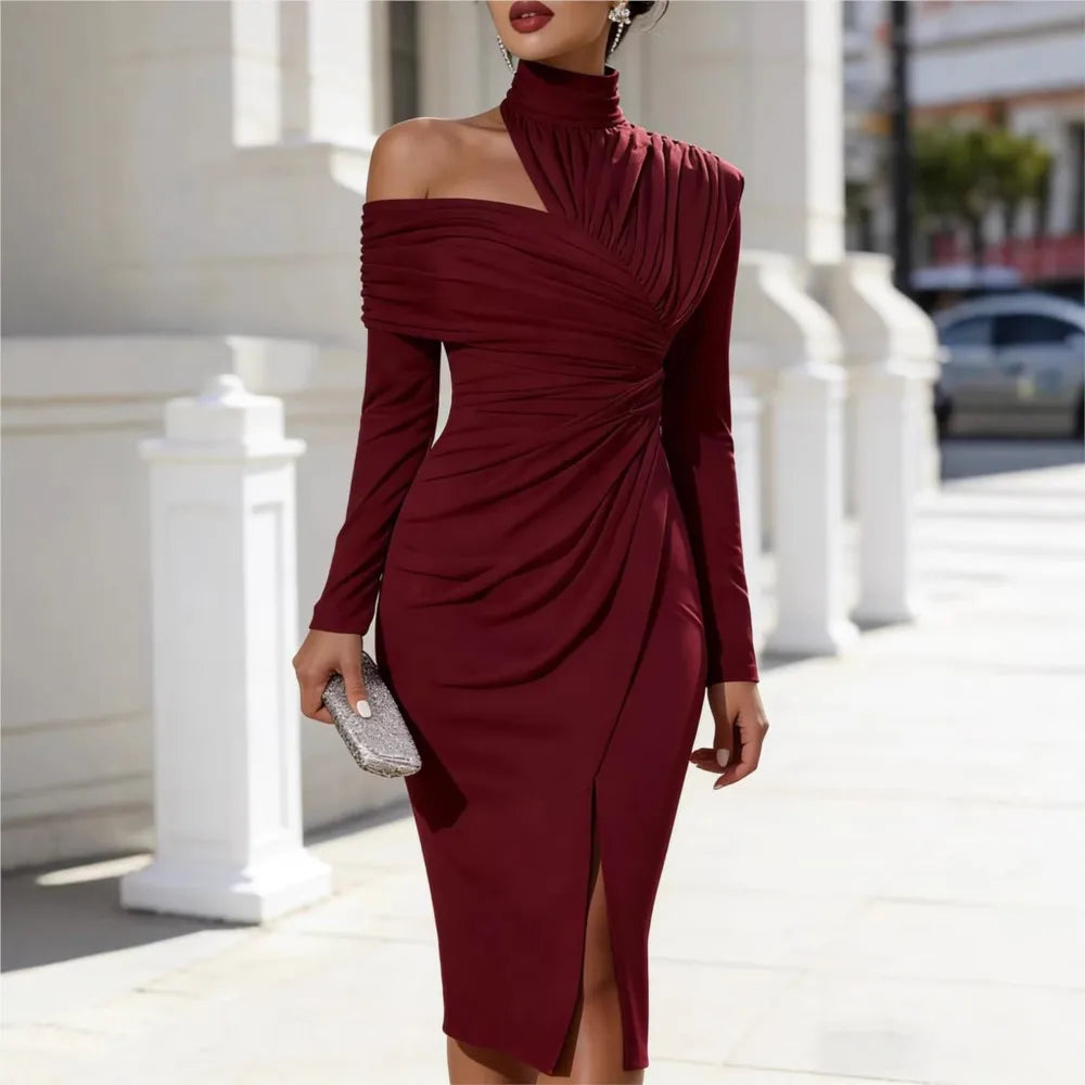 Off-Shoulder Pleated Banquet Dress With Half-High Collar Slit Long Sleeves — Black | KIMLUD