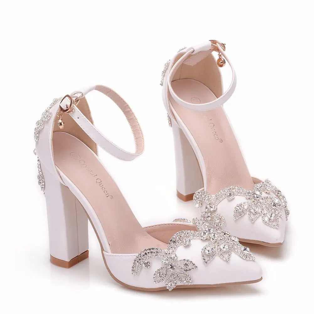 PU Sandals Rhinestone Flower Embellished Square Heel — White | KIMLUD