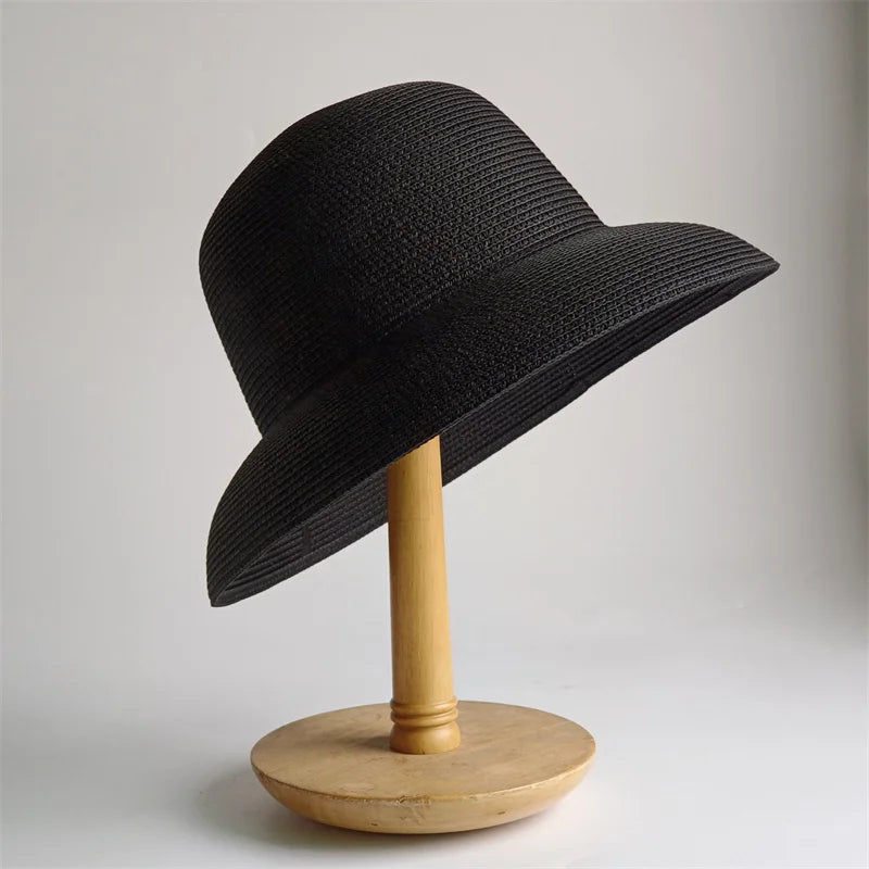 Panama Straw Floppy Sun Hat — Black With Ivory Ribbon | KIMLUD