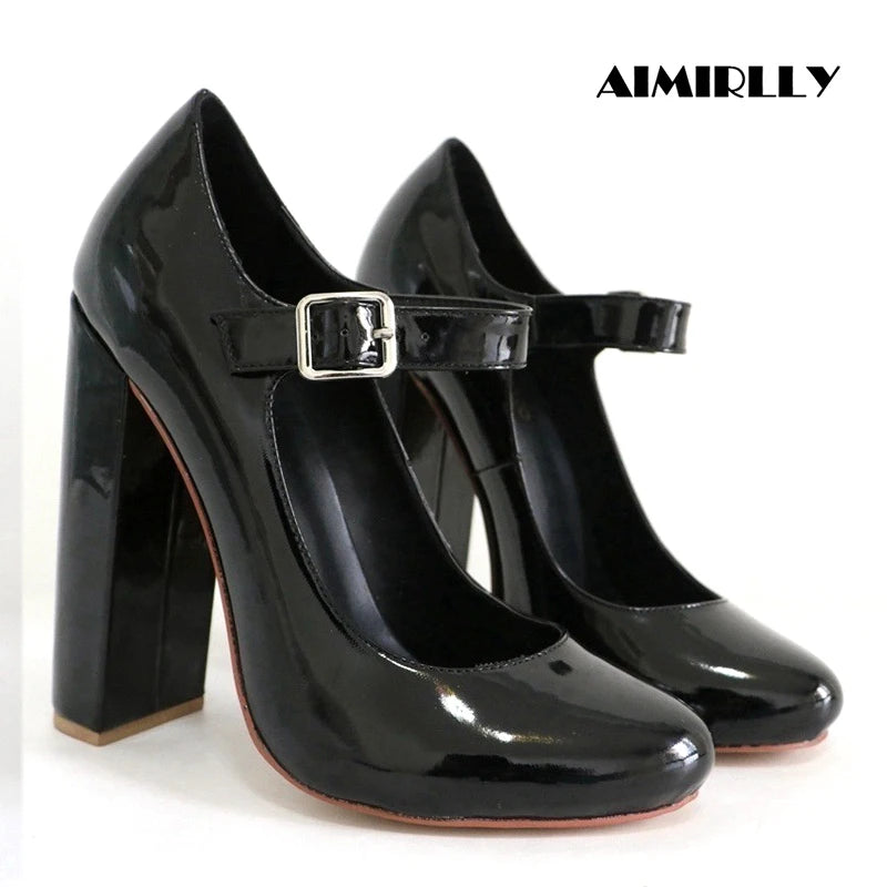 Mary Jane Pumps – Buckle Strap – Round Toe – Black | KIMLUD