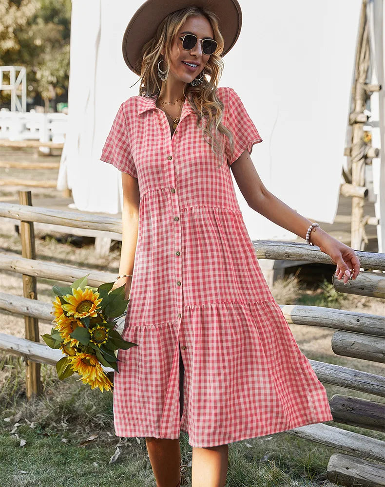 2026 Women's Checkered Short-Sleeve Shirtdress Single-breasted Button-down Short-sleeved Dress Casual Country-style Long Dress
