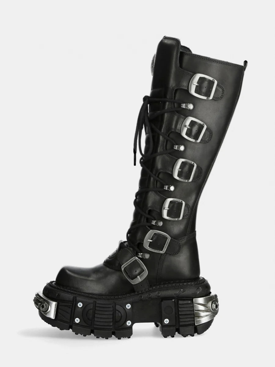 Metal Buckle Square Toe Knee High Boots Women Black PU Leather Punk Long Boots Woman Autumn 2024 Chunky Heels Motorcycle Booties