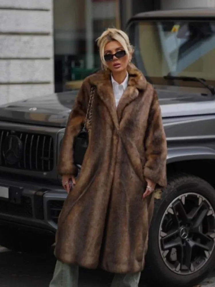 Faux Fur Coat – Turn-Down Collar – Man-Made Fiber – Mixed Color | KIMLUD