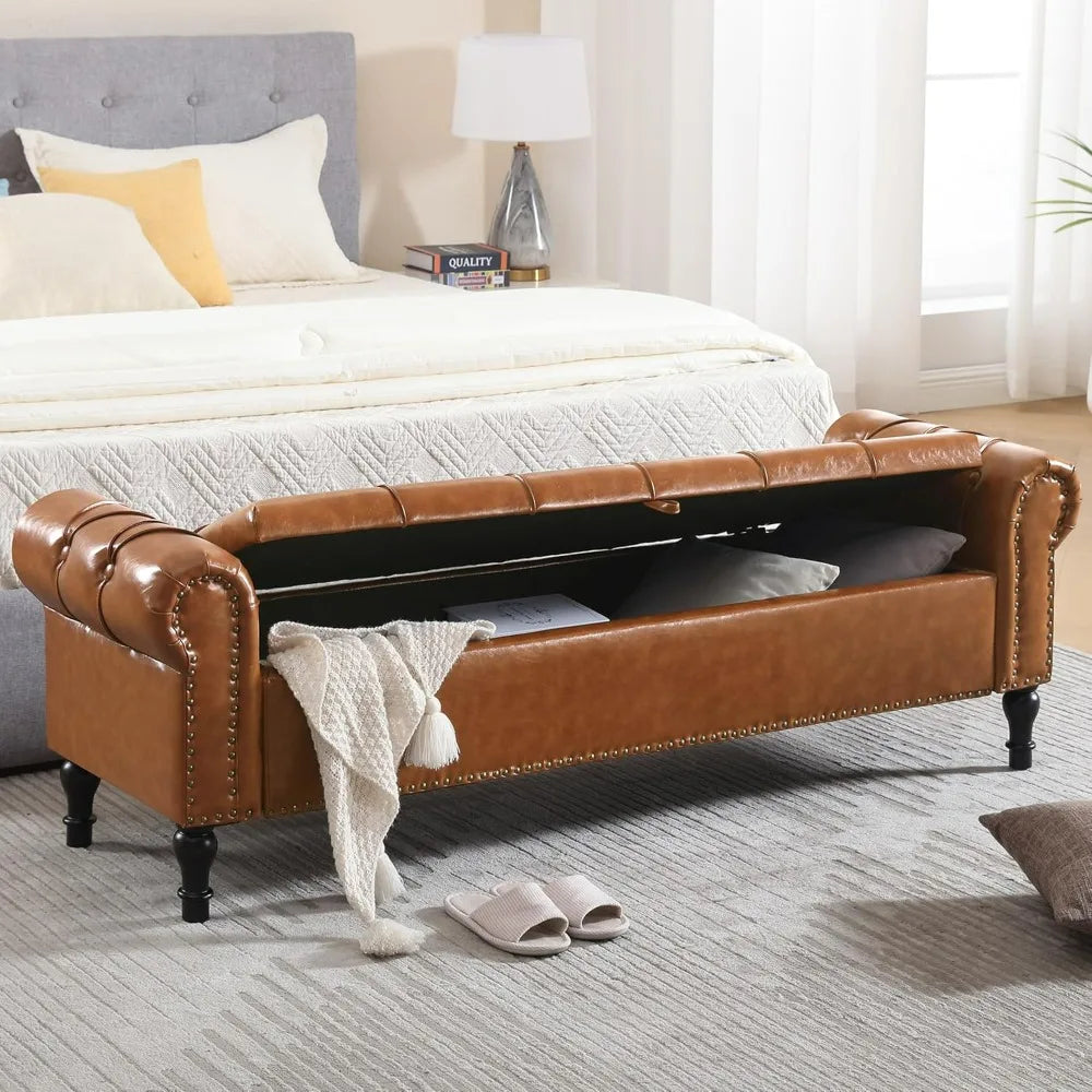 Faux Leather Storage Bench for Bed Room 67 Inch Upholstered Tufted Ottoman Bench with Arms King Size Large Storage Space End of