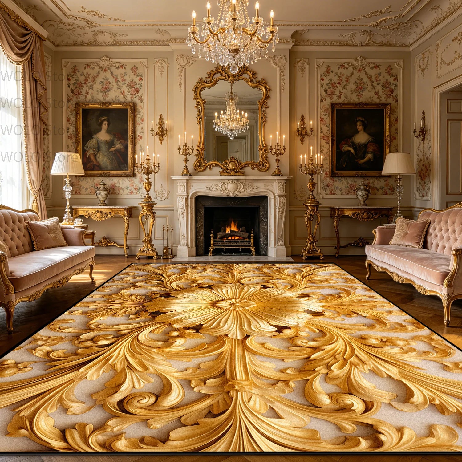 Luxurious Rococo Geometric Area Rug — Gold | KIMLUD
