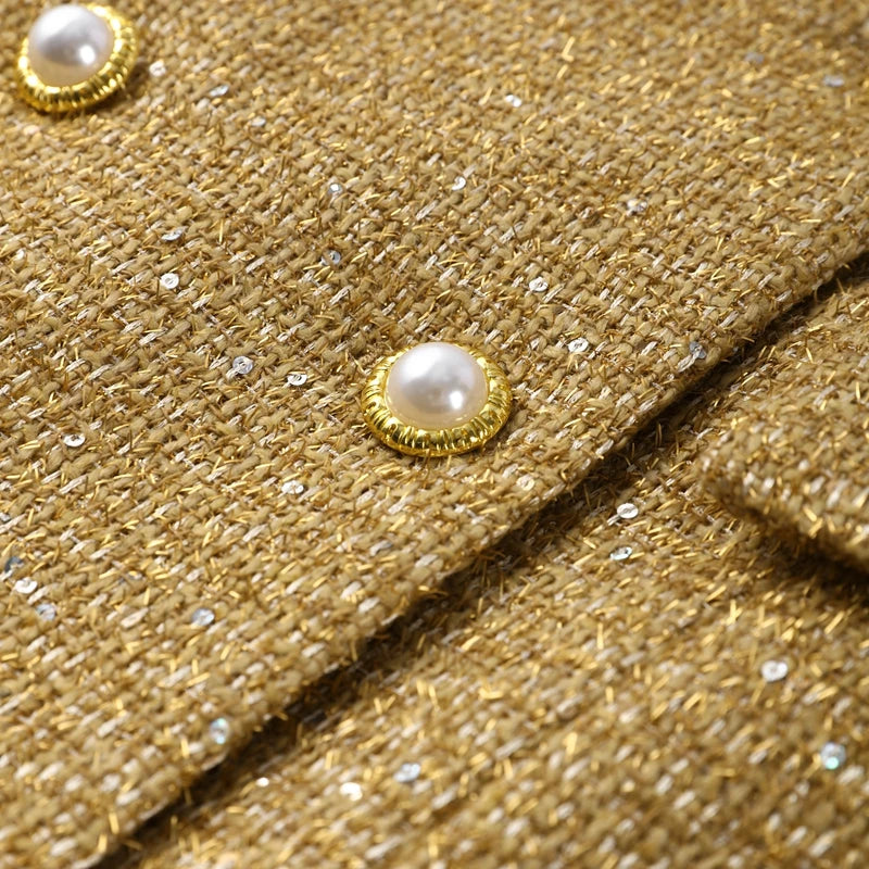 Elegant V-neck Sequin Blazer Women Double Breasted Full Sleeves Solid Slim Jackets Lady 2025 Autumn Formal Female Outwears New