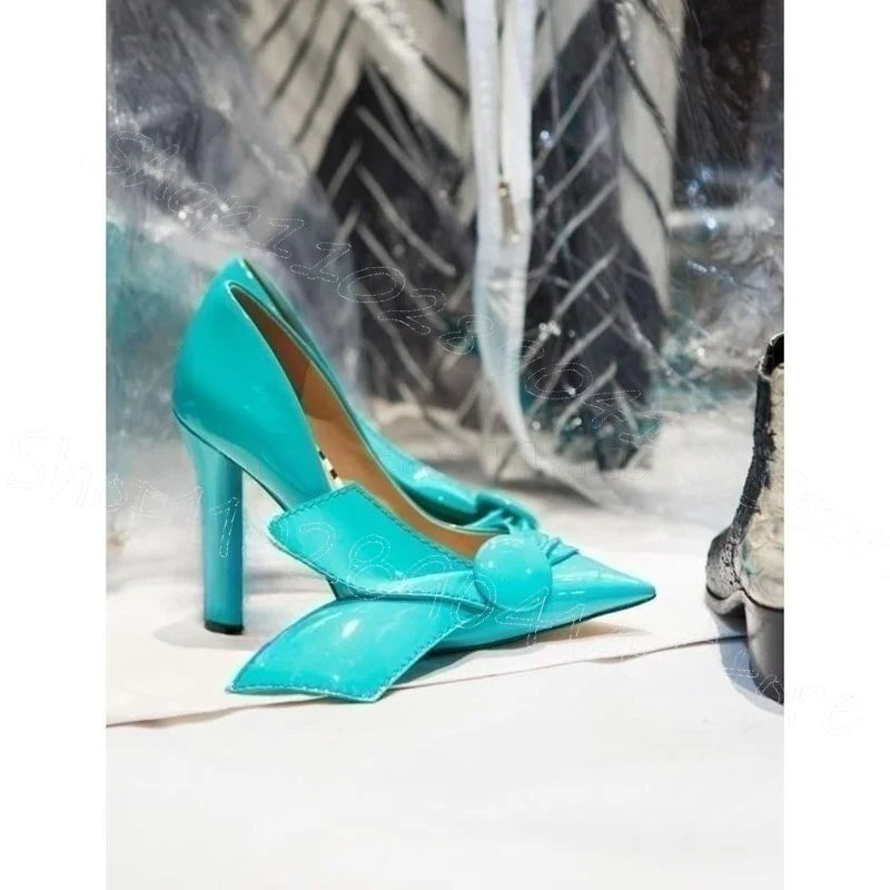 Cyan Patent Leather Button Pointed Toe Pumps Slip On Women Shoes Chunky High Heels Party Runway Dating 2025 Zapatos Para Mujere