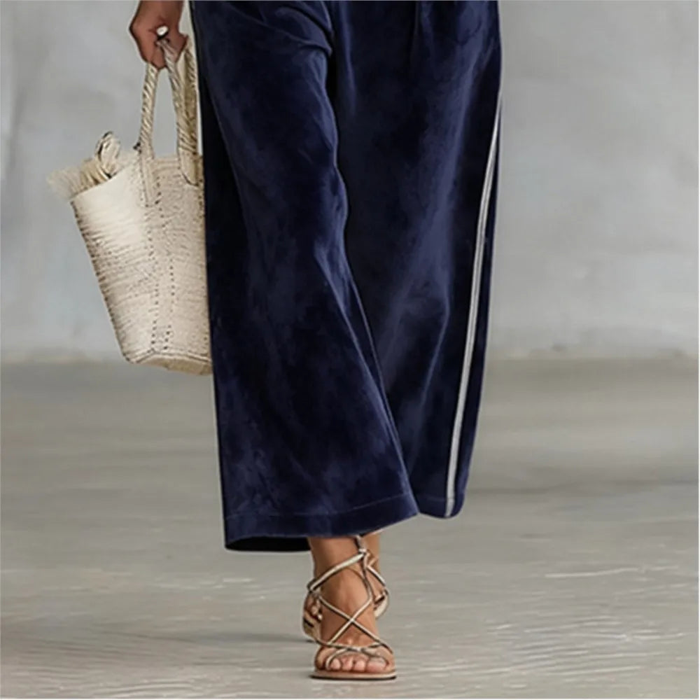 Velvet Color-Blocked Striped Stand-Collar Top and Wide-Leg Trousers Two-Piece Set — Navy | KIMLUD
