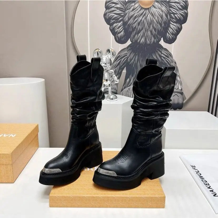 Genuine Leather Riding Boots Mid-Calf — Black | KIMLUD