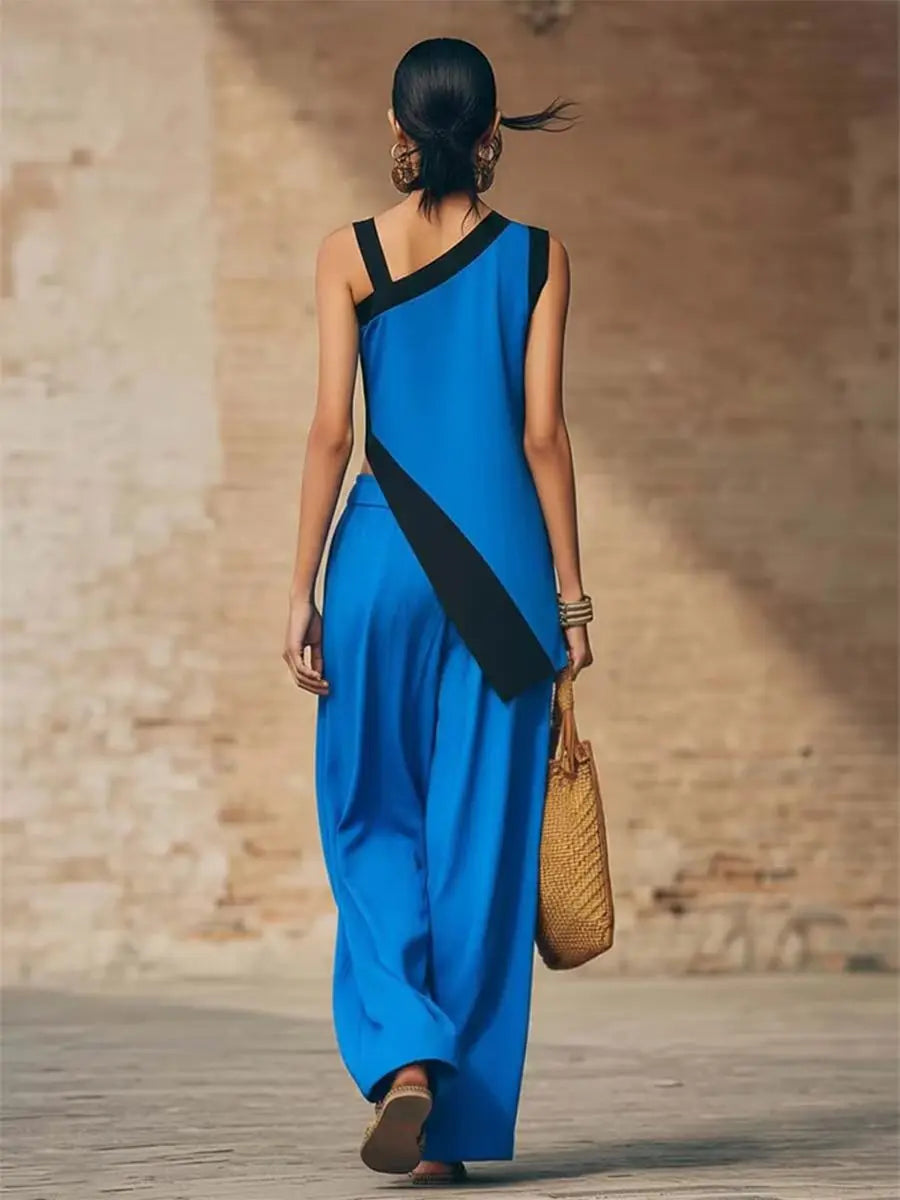 Wide Leg Color Block Pants And Top Set — Black | KIMLUD