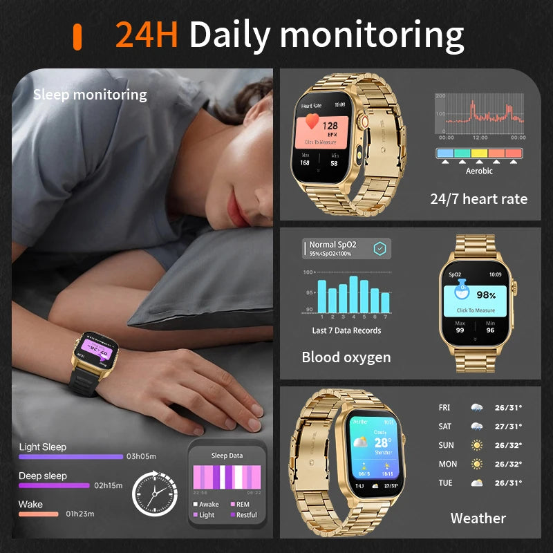 LIGE New Smart Watch LED Flashlight Military Sport Watches 2.01'' Screen Health Monitor Bluetooth Call Waterproof Smartwatch Men
