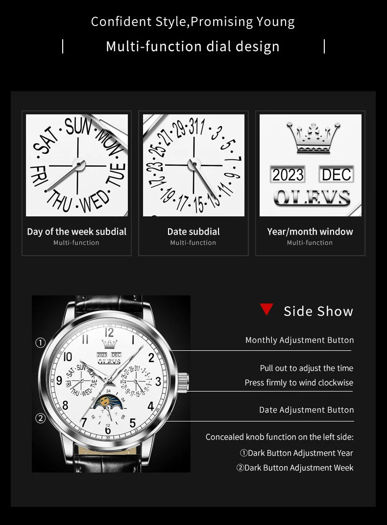 Leather Dress Watch Moon Phase Automatic — Black | KIMLUD