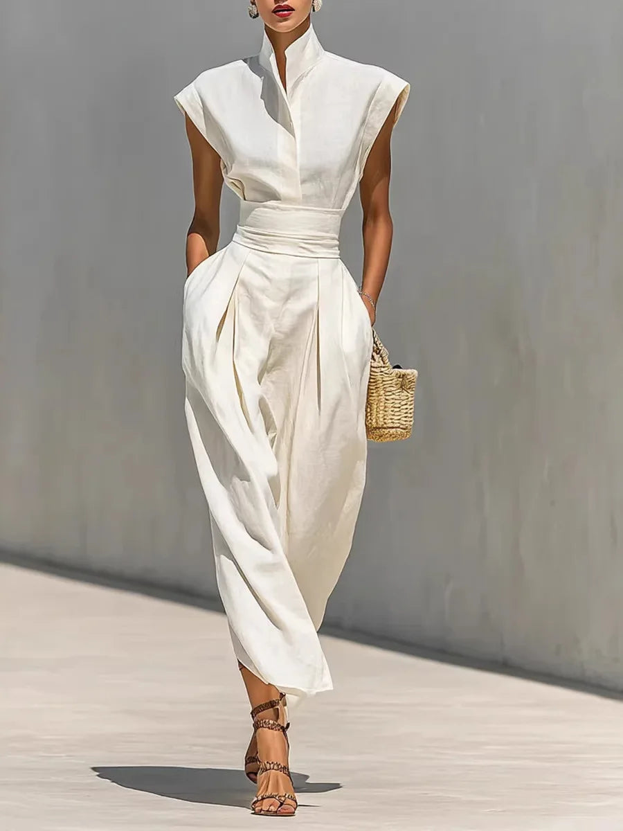 Dresses High Waist Pocket Polyester Sleeveless Midi Solid | KIMLUD