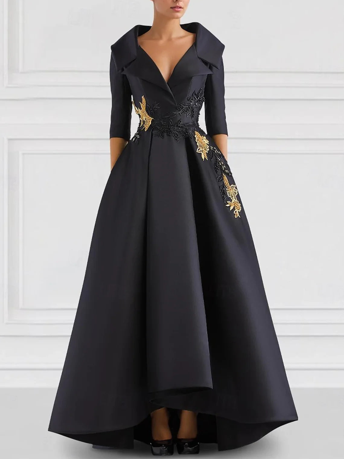 Black A-Line Evening Gowns Vintage Embroidered Elegant Dress Formal V Neck Pocket Satin Beading Appliques 2025 free customized