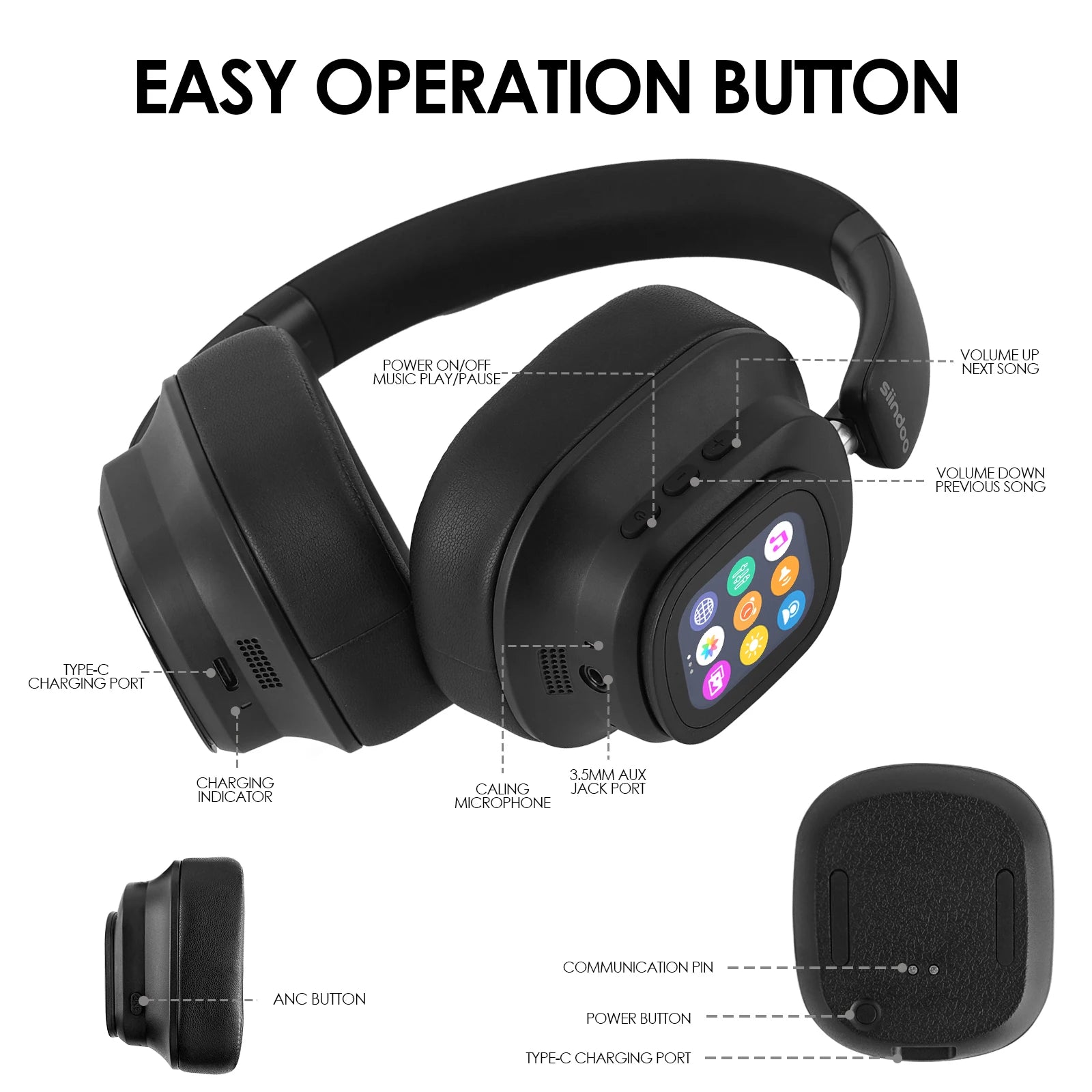 KIMLUD, Siindoo NEWEST ANC930Plus Hybrid ANC Wireless Headphone, With Multi Magnetic Touch Control LED Screen AND APP Download 1GB MP3, KIMLUD Womens Clothes