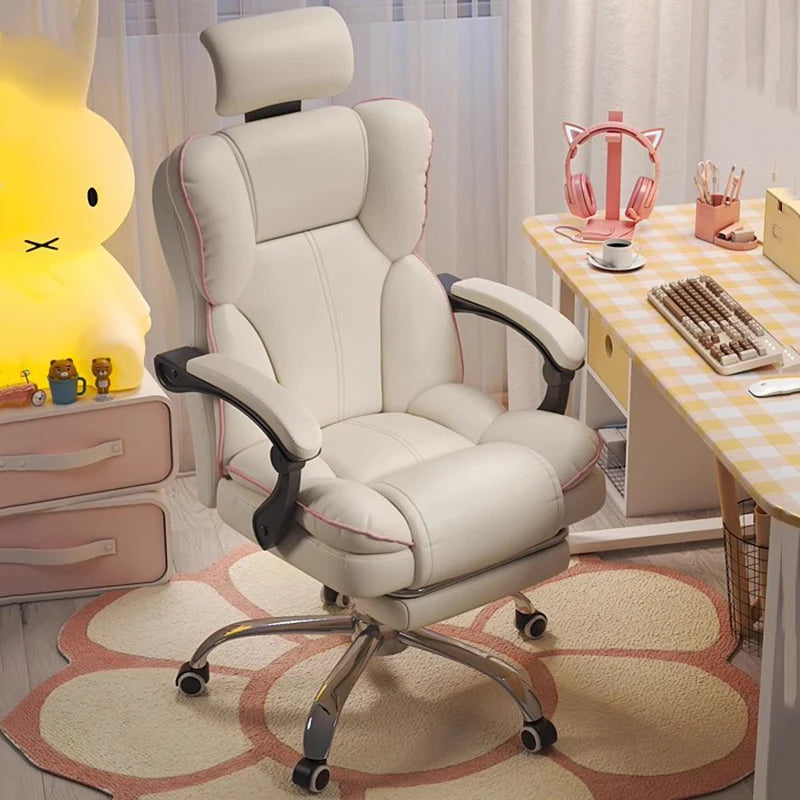 PU Leather Ergonomic Office Chair On Wheels Blush Piping — Cream Ivory | KIMLUD