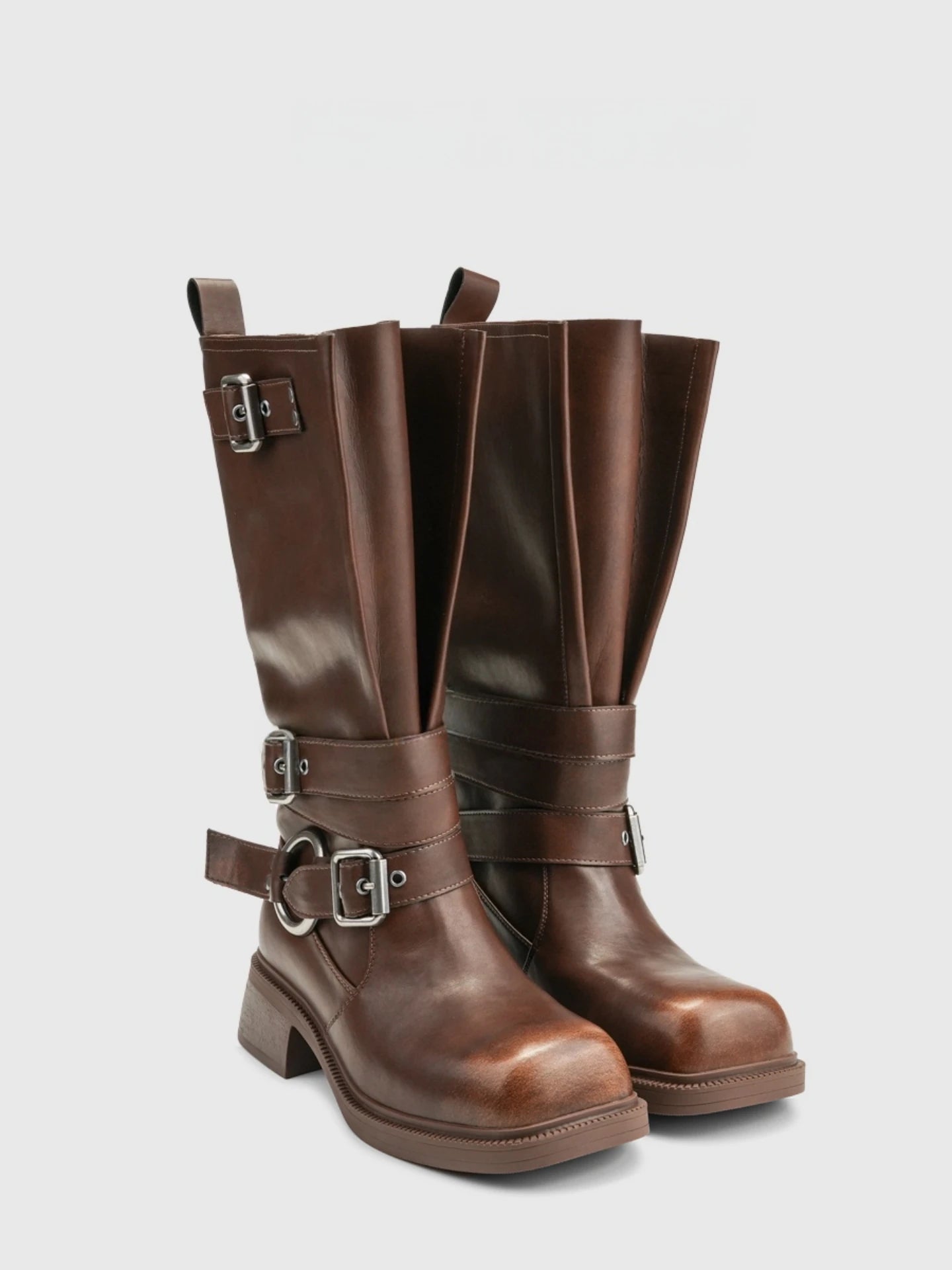 Women's Boots Half High Square Toe Footwear Brown Biker Shoes For Woman Mid Calf Middle Heel Comfortable And Low Price Pu Goth