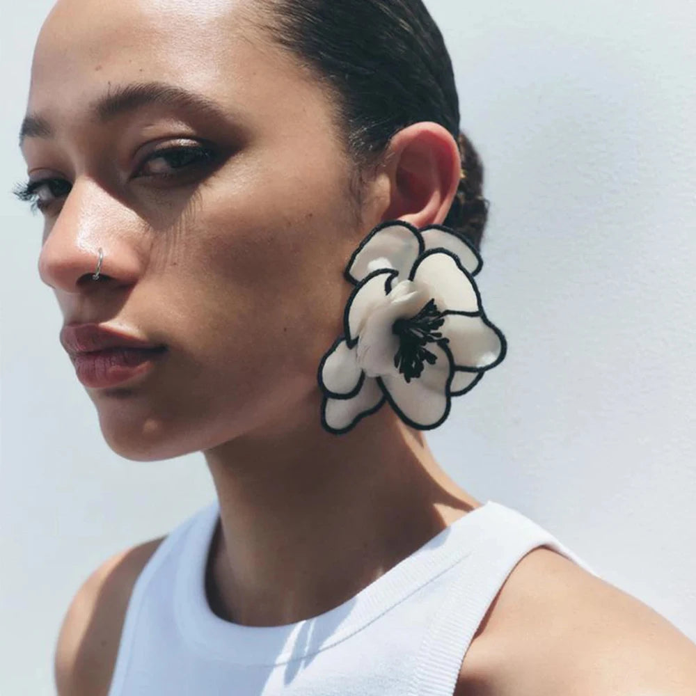 Large Flower Earrings Embroidered — White | KIMLUD