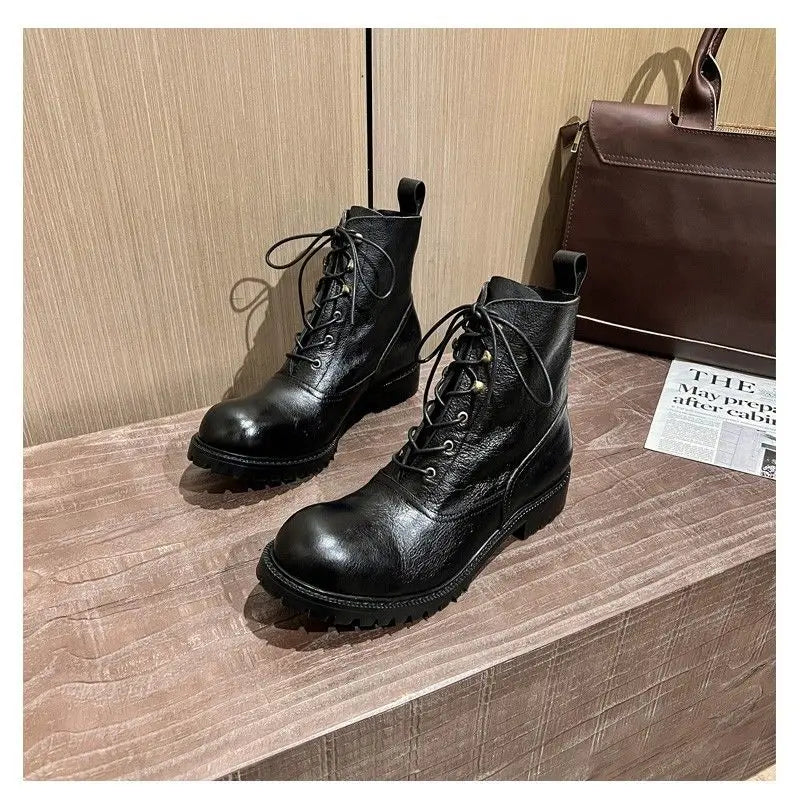 Cow Genuine Leather Motorcycle Boots Brogue Shoes Retro High Big Head Chelsea Men's Boots Ankle Boots For Men Brown