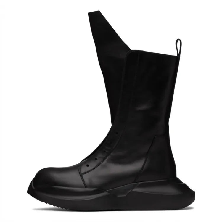 Gothic Men Thick Platform Mid Calf Boots Height Increasing Cowhide Genuine Leather Sneakers Man High Top Moto Biker Safety Shoes