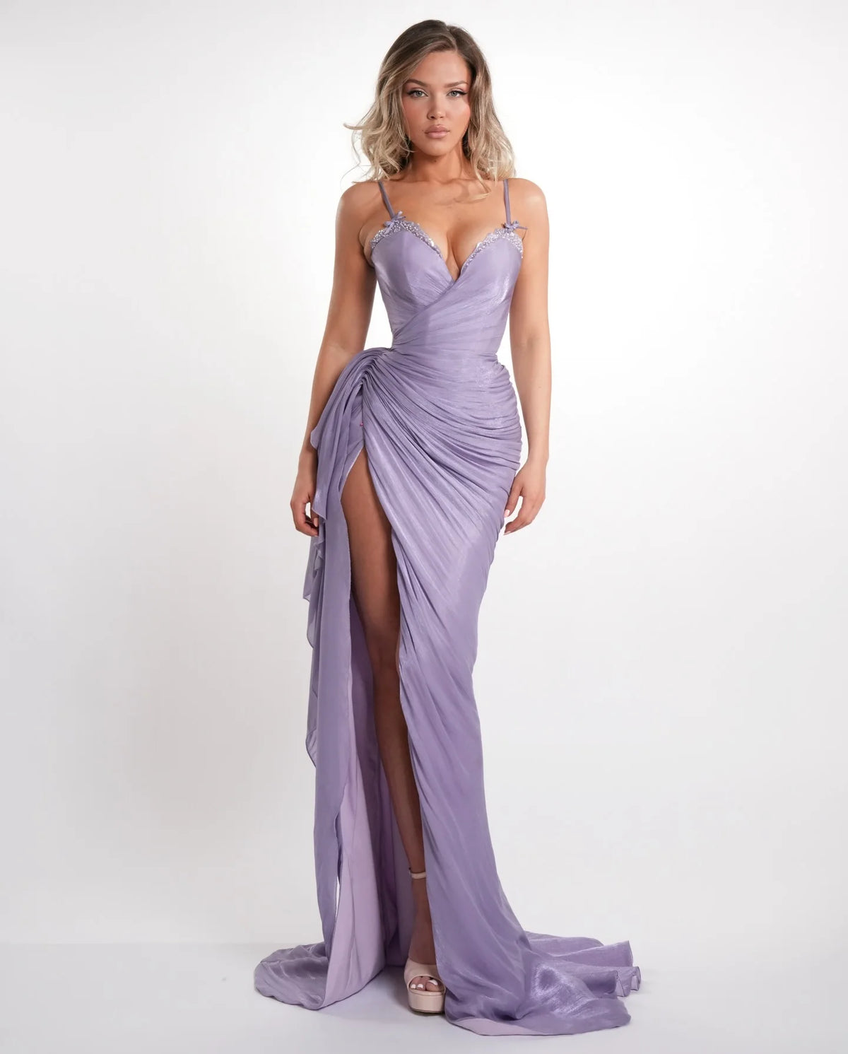 Mermaid Maxi Dress – Deep V Neck – Chiffon – Lavender | KIMLUD