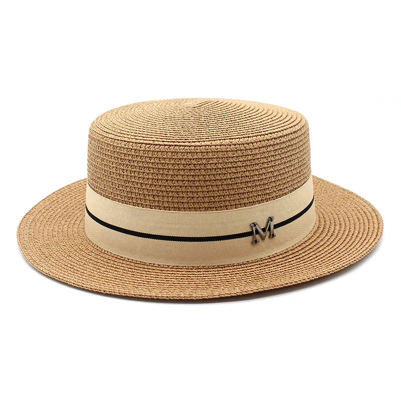 KIMLUD, 2022 New Summer Women's Boater Beach Hat Wide brim Female   Panama Hat Lady Classic Flat Bowknot Straw Sun Hat Women Fedora Hats, Khaki, KIMLUD Womens Clothes