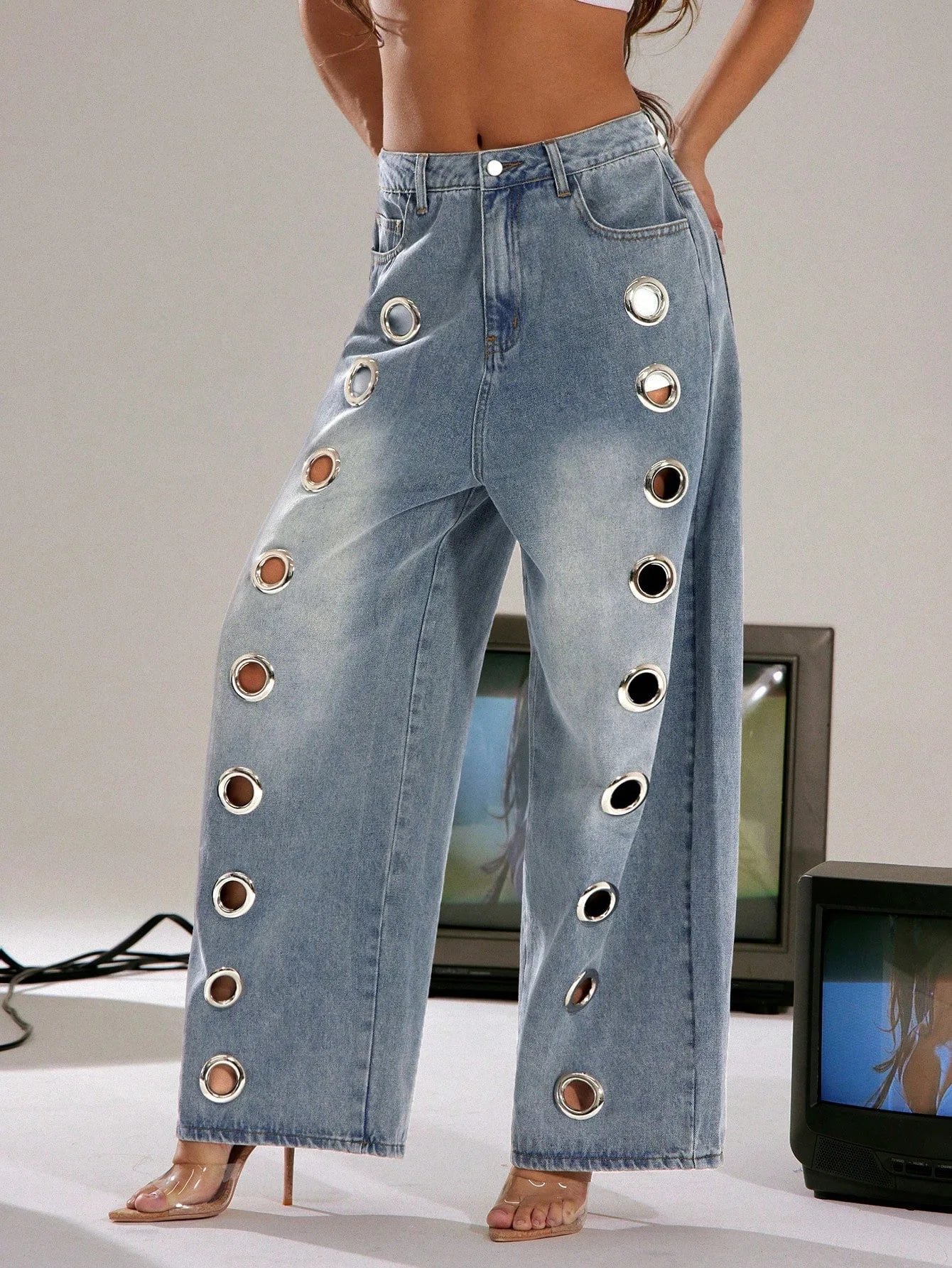 Hollow Out Rings Openwork Design — Washed Denim | KIMLUD