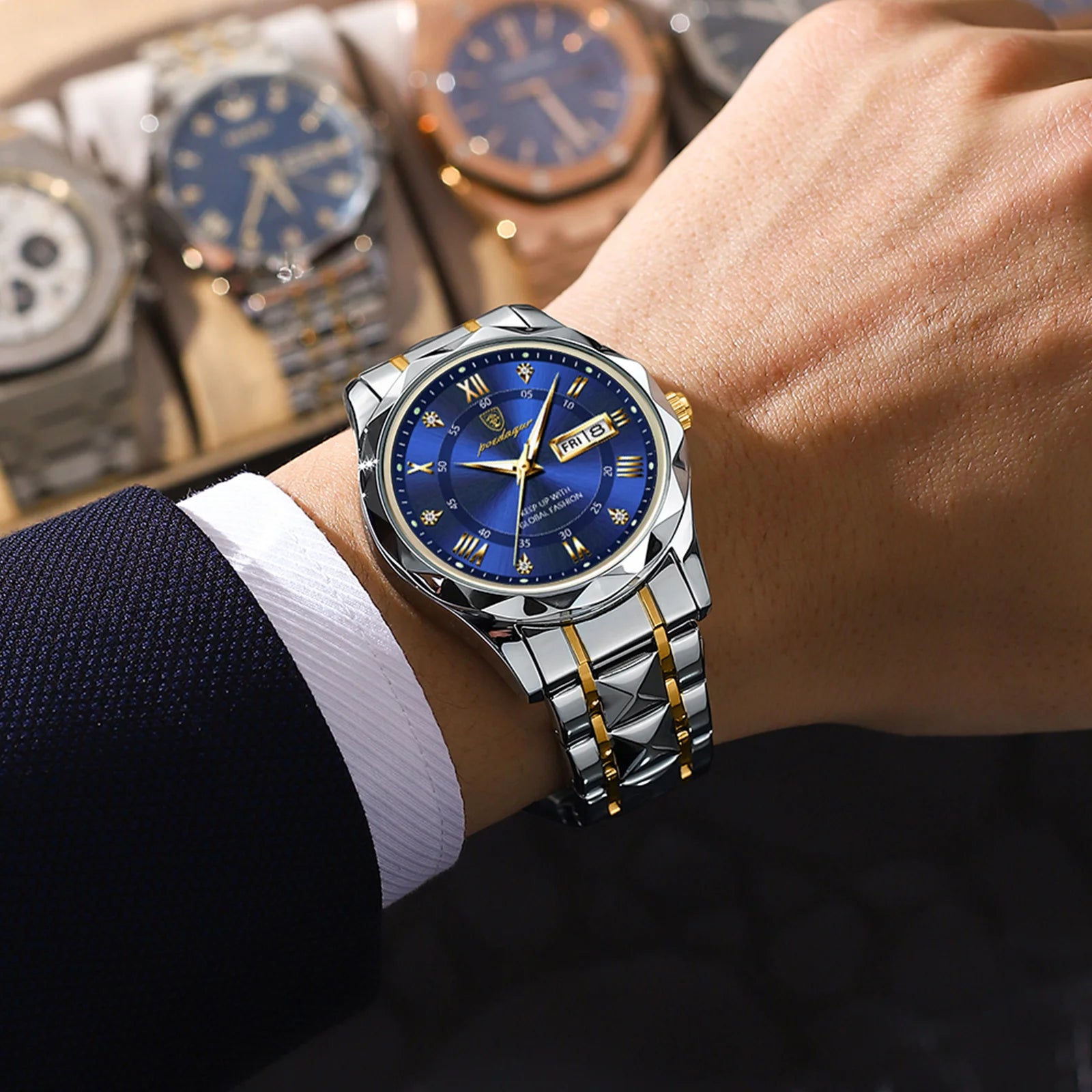 POEDAGAR Luxury Men's Watches Waterproof Luminous Date Week Watch For Man Stainless Steel Quartz Casual Men Wristwatch+Box Gift