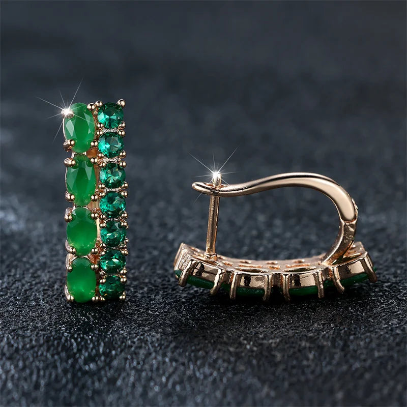 Geometric Clip Earrings Gold Color Oval Round — Green | KIMLUD