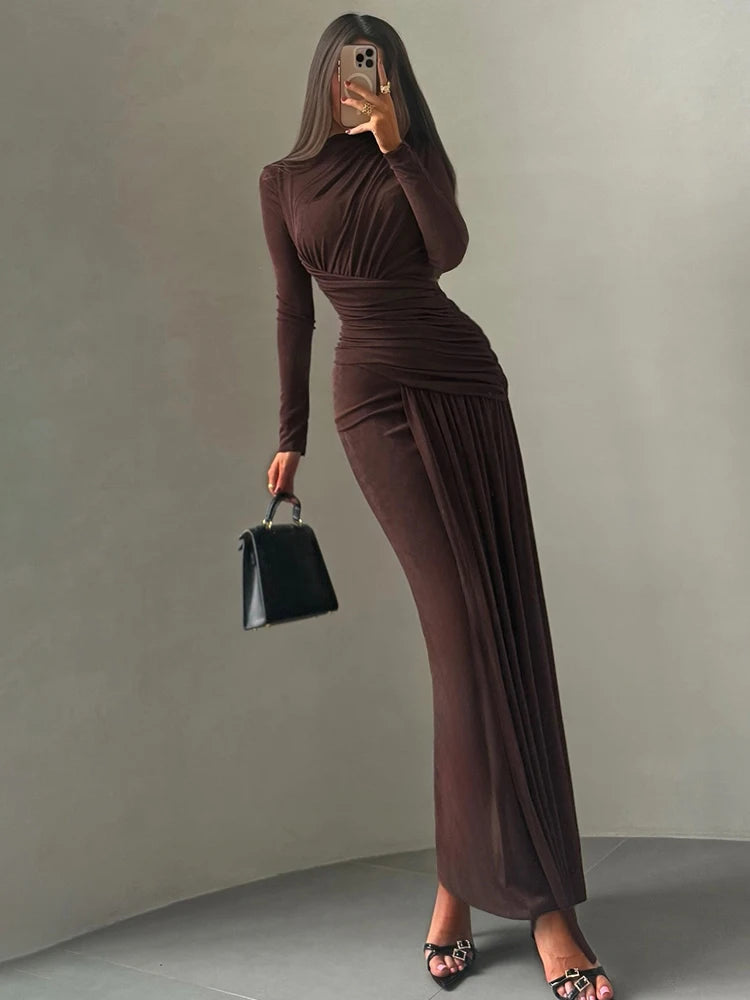 Kliou Ruched Elegant Long Dress Woman Autumn Trend o-Neck Full Sleeve Skinny Stretch Street Y2K Casual Style Classic Vestidos