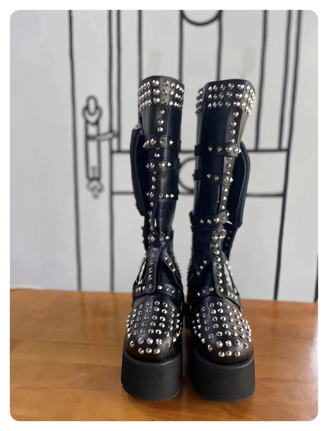 Microfiber Knee-High Platform Boots Rivet-Embellished Shaft — Black | KIMLUD